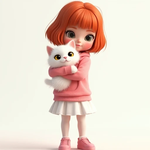 A girl with short, shoulder-length dark orange hair. Her eyes are gray. She is dressed in a pink sweatshirt, a white skirt and stockings, and pink shoes. She is hugging a white, fluffy cat with yellow eyes.

3D, Realistic 