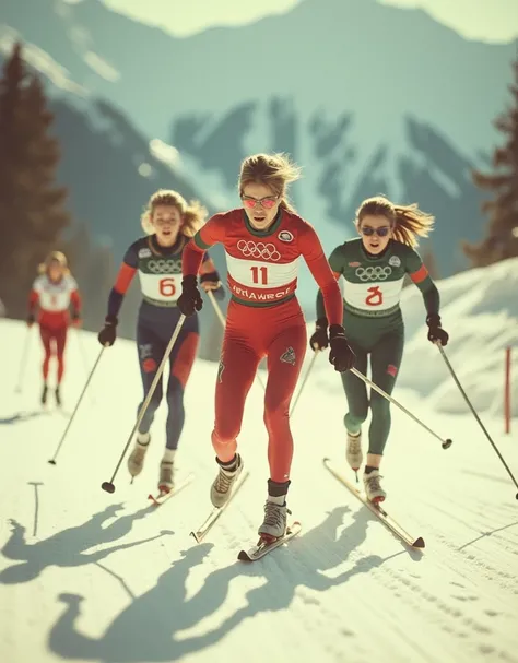 pinhole photography, sepia old photo. Skisprint, A photo of a Womens ski sprint, Dynamic Motion, Motion Blur, Dynamic Motion Blur. retro vibes, Vintage Photography, analog film texture, 8mm film texture, Vintage Processing. FIS Cross Country World Cup, Rac...