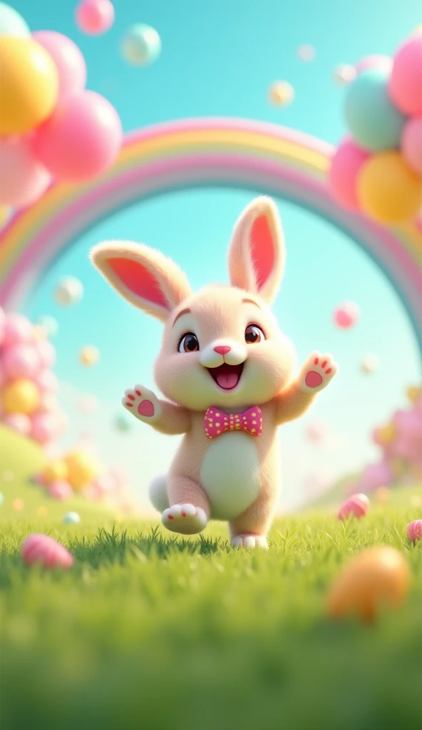 Coelhinho dançante com estilo Kawaii
Prompt: "Adorable bunny dancing on a grassy field, wearing a tiny bowtie, surrounded by colorful balloons, pastel rainbow in the background, stylized 3D, vibrant colors, ultra-detailed, Pixar-inspired."