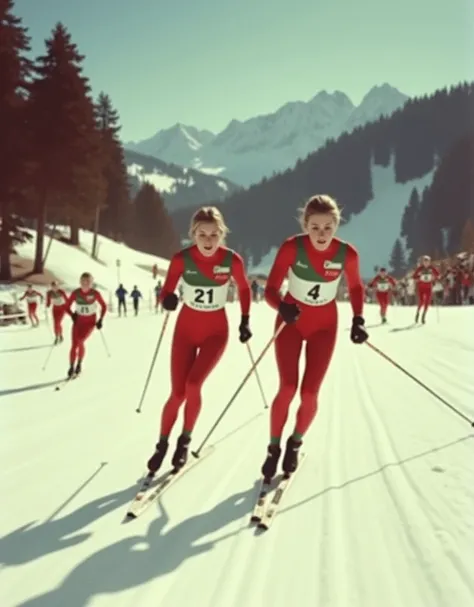 pinhole photography, sepia old photo. Skisprint, A photo of a Womens ski sprint, Dynamic Motion, Motion Blur, Dynamic Motion Blur. retro vibes, Vintage Photography, analog film texture, 8mm film texture, Vintage Processing. FIS Cross Country World Cup, Rac...