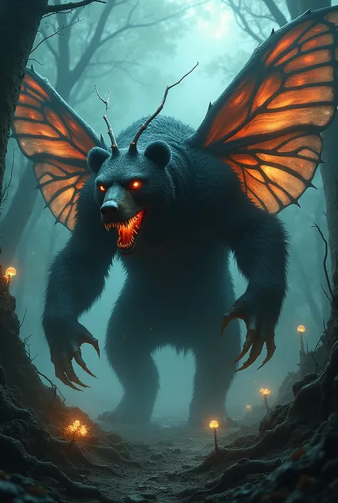 A horrifying and highly realistic hybrid creature that seamlessly combines the traits of a bear and a butterfly into a single, monstrous being. The creature has the massive, muscular body of a bear, covered in fur that transitions into sharp, chitinous pat...