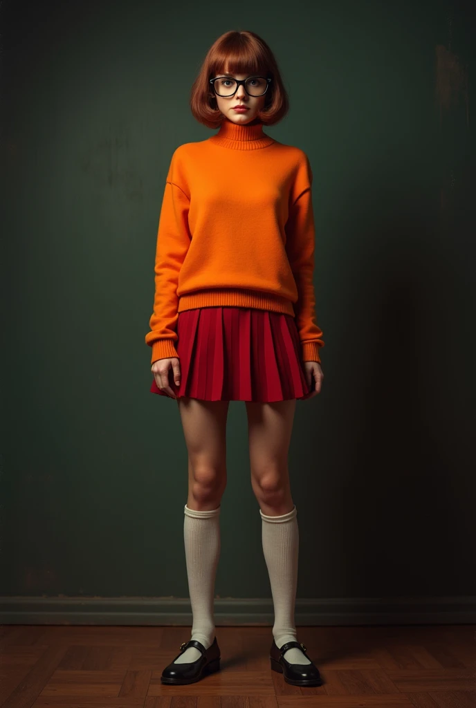 Generate a highly realistic and bold image of Velma Dinkley, portraying her as a seductive character while maintaining her iconic traits.The character should be depicted wearing her signature baggy orange turtleneck sweater and short red pleated skirt, com...