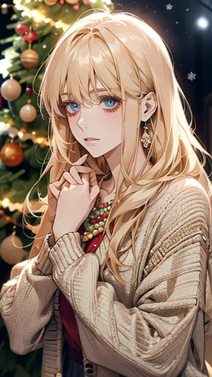 gorgeous adult woman, long neck, long blonde hair, bangs, perfect eyes eyes, soft light, high quality, 4k resolution, casual clothes, bead necklace, knit cardigan, looking at viewer, Put left hand on left cheek and think,Background with Christmas trees.

