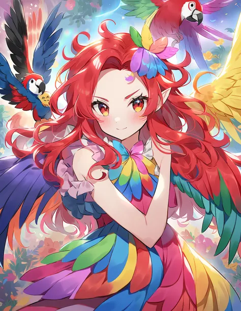 s,  girl with straight red hair with colored highlights that vary between blue , blood red, WHITE AND GREEN. Pinkie Pie personality . three pairs of wings,  a pair of them being colored like macaws . Forte ligação com arara e arcAngels/Angels/celestial bei...