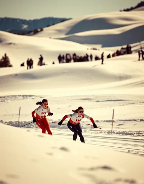 pinhole photography, sepia old photo. Skisprint, A photo of a Womens ski sprint, Dynamic Motion, Motion Blur, Dynamic Motion Blur. retro vibes, Vintage Photography, analog film texture, 8mm film texture, Vintage Processing. FIS Cross Country World Cup, Rac...