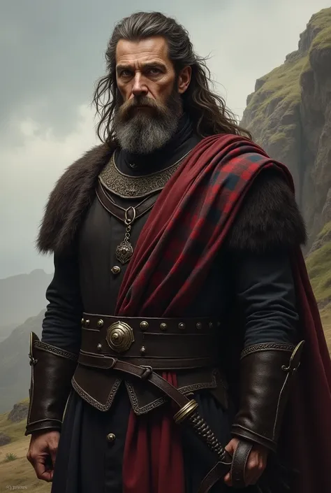 Banquo is a noble and rugged Scottish warrior with long, windswept hair, a trimmed beard, and piercing, contemplative eyes that reflect his wisdom and loyalty. He wears a dark tunic with a plaid sash symbolizing his heritage, complemented by practical elem...