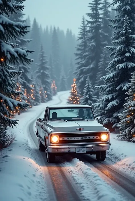 There will be Christmas trees around and there will be a road with a chevy k10 witer car on the road