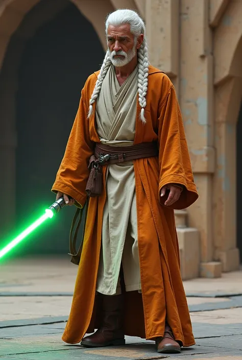  Brown-skinned man , frog-eyed man .  White hair in the form of braids .  He wears orange and gray Jedi robes .  He wears brown boots .  He wears a single-blade green lightsaber in his right hand and a single-leaf lightsaber in his left hand.  He is in a d...