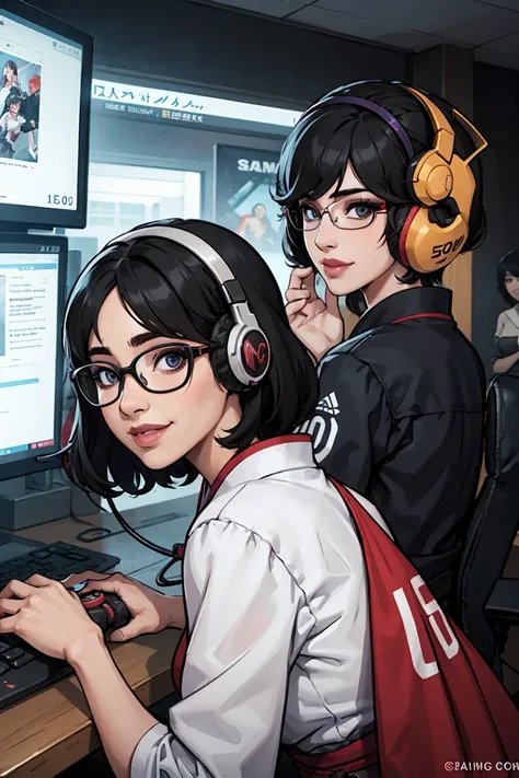 5０Japanese female　Black hair waves　 semi-short hair 　Glasses　 facing the front　Gaming Headsets　Chatting　 big smile when looking back　 Game Controller 　PC room 