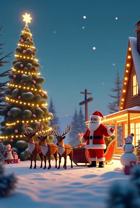 my ideal Christmas is when Santa Claus is wearing a modern red suit with a snowman standing nearby. there’s a giant Christmas tree a meters and 9centimerers tall,fully decorated with lights and topped with a yellow star . Five reindeer are pulling a sleigh...