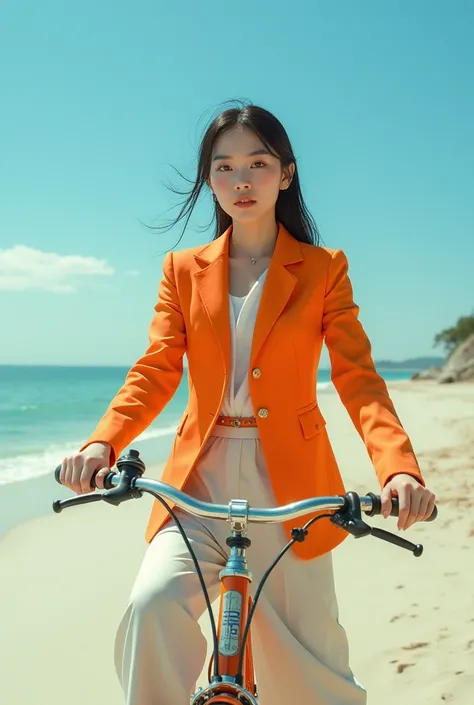 A beautiful Asian girl wearing a jacket in the color of Hita PKE gloves on top of the bike is in a huge position on the beach  