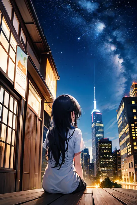 octans, null, star (null), scenery, starry null,   knight ,  1 girl,   knight  null, Alone,  outdoor,  Building , cloud, milky way,  behind your butt, tree,  long hair, city,  silhouette, cityscape, sit