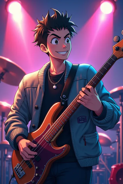 
Man playing bass　 is cool　anime　 sweater 　３０age