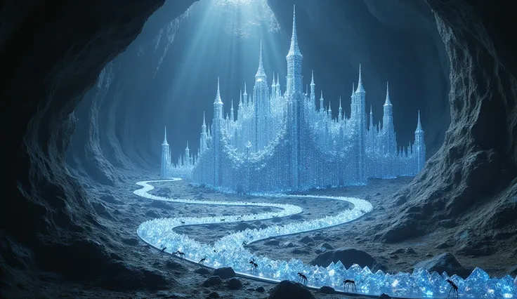 A colony of ants building a labyrinthine city made entirely of diamonds in a dark cavern.
