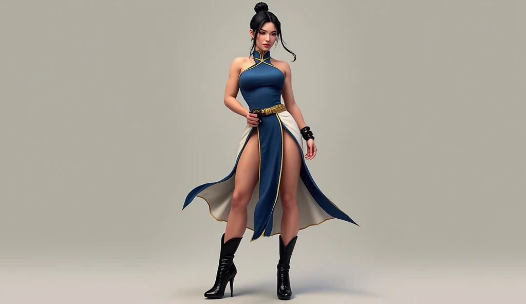 a strong and confident Chun-Li, a character from the Street Fighter series, showcasing her iconic black hair braided into a top knot, flanked by athletic and toned thighs, clad in a fitted and elegant deep blue qipao that accentuates her athletic physique,...