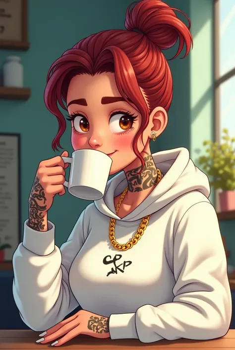 a Cartoon ,f FIONA, wearing a white Nike sweatshirt, with a gold chain around her neck, HER TATTOOED HANDS AND NECK, drinking a cup of coffee