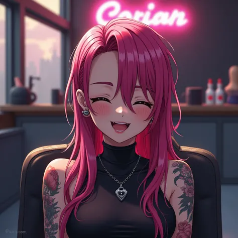 Create an image of a captivating anime girl with striking features, sitting in a modern salon chair. Her expression is one of intense pleasure and excitement as she undergoes a dramatic haircut. Her long, vibrant hair cascades down, being shaved off, revea...