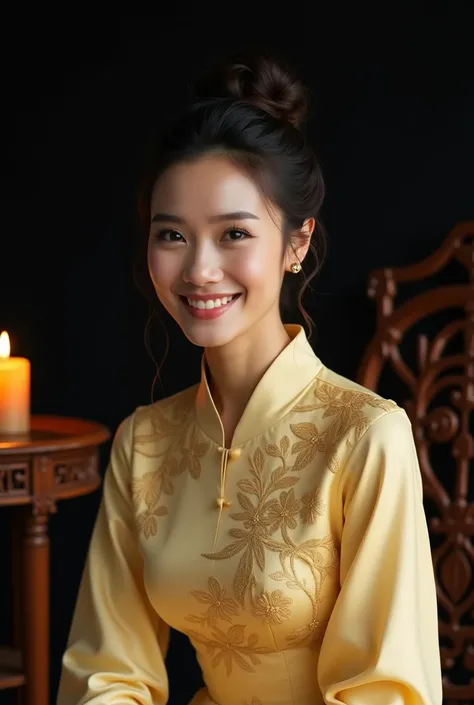 masterpiece portrait of professional photographer, realistic photo ultra HD 16k high resolution, beautiful asian woman aged 30 years old , hair bun,with round face, curly eyelashes and glowing white skin, the woman is wearing a long light yellow dress with...