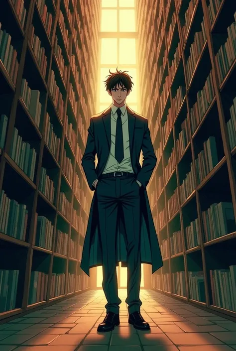 there is a man in a suit standing in a library, hideaki anno anime, hideaki anno, hideki anno, inspired by Yasushi Sugiyama, kentaro miura art, kentaro miura manga art style, kentaro miura art style, cyril rolando and m. w kaluta, cyril rolando and m.w kal...