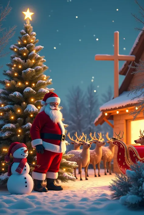 my ideal Christmas is when Santa Claus is wearing a modern red suit with a snowman standing nearby. there’s a giant Christmas tree a meters and 9centimerers tall,fully decorated with lights and topped with a yellow star . Five reindeer are pulling a sleigh...