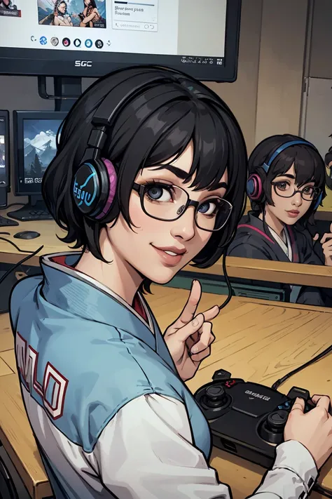 5０Japanese female　Black hair waves　 semi-short hair 　Glasses　 facing the front　Gaming Headsets　Chatting　 big smile when looking back　 Game Controller 　Im the only one in the PC room