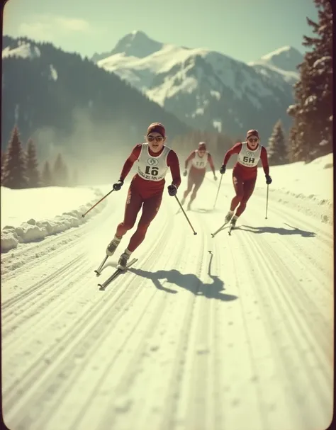 pinhole photography, sepia old photo. Skisprint, A photo of a Womens ski sprint, Dynamic Angle, Dynamic Motion, Motion Blur, Dynamic Motion Blur. retro vibes, Vintage Photography, analog film texture, 8mm film texture, Vintage Processing. FIS Cross Country...