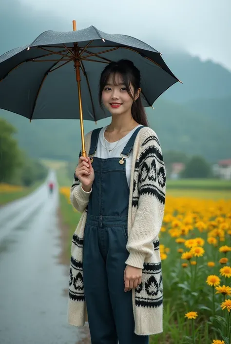 A beautiful Korean girl, long ponytail hair, a thin smile looking at the camera, a proportional fat body, wearing a t-shirt, wearing a long jacket sweater type knitted white and bright black batik lace,wearing overall type pants , wearing sneakers type sho...