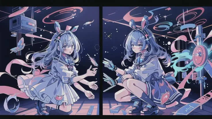 ( amazing hands, perfect hand), 「  girlとrabbit」One person and one animal ，  girl: ((Alice in cyber))  blue and white dress ，  detailed face ，blue headband in hair， anime  girl ,  ((  Dynamicアングル))  very beautiful,    Ideal Anatomy   ,   starry sky with twe...