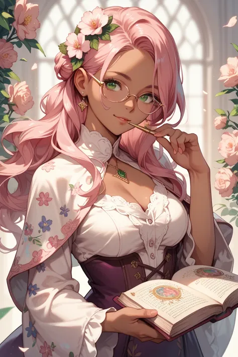  1 girl,  high definition ,  long pink hair, green eyes,brown skin,Floral decoration, Wizards Clothes, has a spellbook in her hand ,anime, Glasses, smiles, 