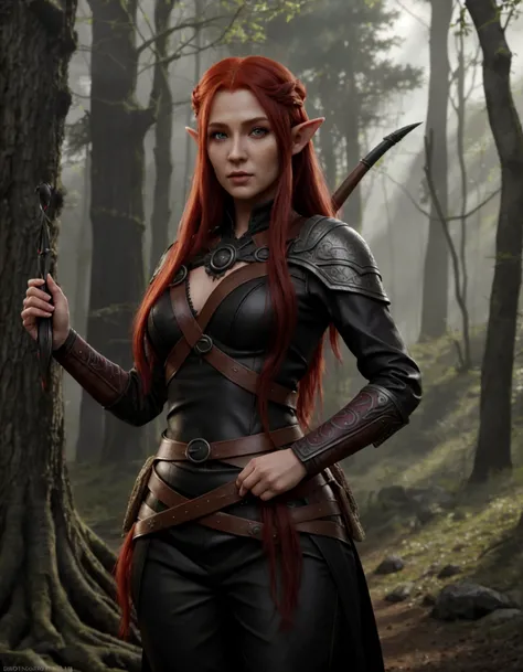 (extreme res:1.4), (best quality:1.4), (full body shot:1.4), solo, red haired elven femalr archer, (raven on her shoulder), perfect face, perfect eyes, forest as a background, longbow, photorealistic, RPG, HQ