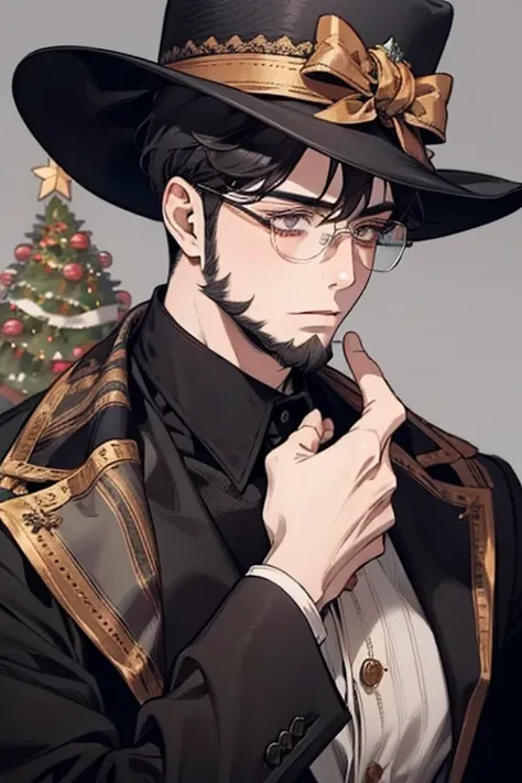  masterpiece , 1 boy, , key beard,  black hair,  gray eyes, glasses, A deep look, top hat, above all, shirt, Upper torso, portraits of a,  best quality , Noble, she was. Background with Christmas trees.

