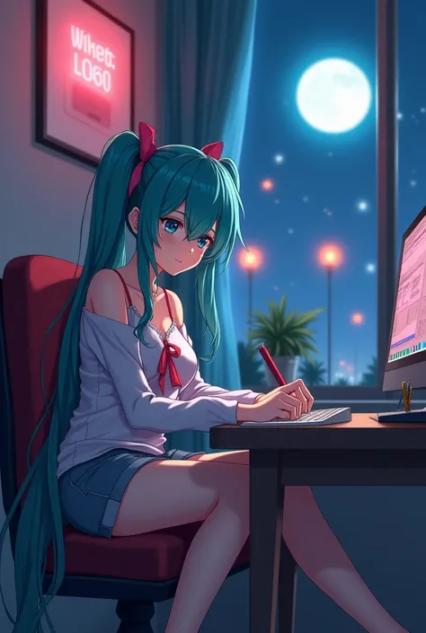 anime girl with blue hair sitting on a chair and writing, nightcore, anime style 4 k, anime vibes, anime girl with teal hair, mikudayo, an anime girl, young anime girl, high quality anime artstyle, anime moe artstyle, anime aesthetic, seductive anime girl,...