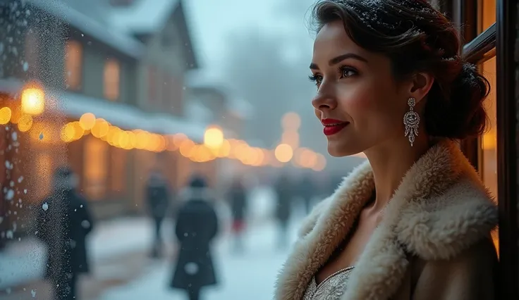 A beautifull bjg breast glamorous woman stands by a frosted window, watching snowflakes fall against the glowing backdrop of a vintage town square. Her elegant fur-lined coat and sparkling jewelry exude sophistication, as she listens to carolers nearby, he...