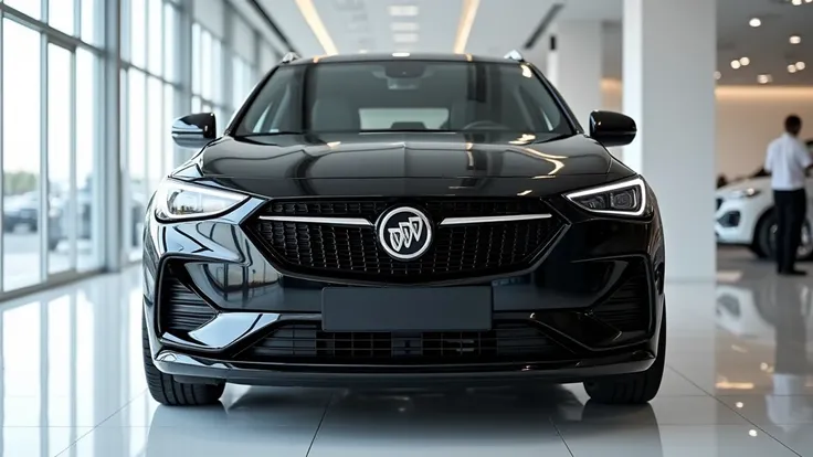 front  view of painted diamond black color with shiny clour modern(2025 Buick encore)sleek in large shape sedan in large size with (Buick encore  )logo on its large detailed grille in shiny white refelection falling on car clour with angular sporty design ...