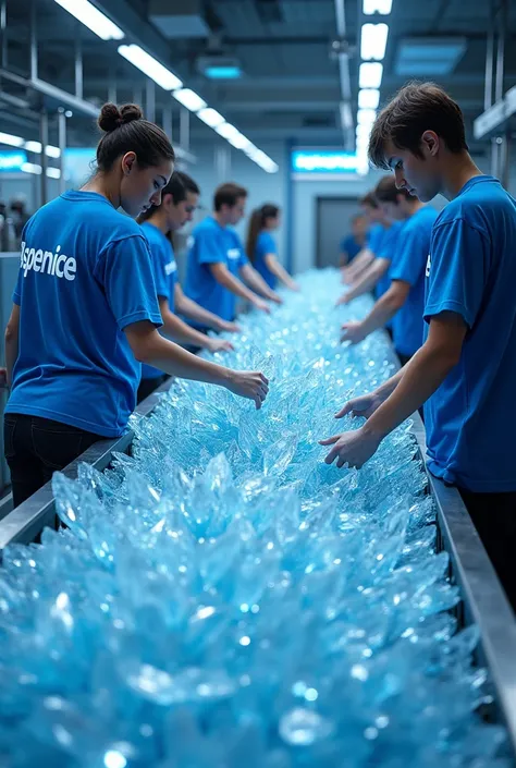 Ice crystal factory, 3 woman with blue t-shirt aspenice, ice machine full crystal ice, 2 man with blue t-shirt aspenice bring crystal ice, pabrik es dengan tulisan dari neon box dengan tulisan ASPENICE FACTORY