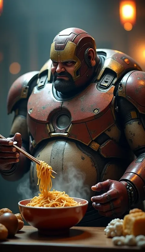 Fat Iron-Man Eating Noodles 8k Realise High Quality Picture 