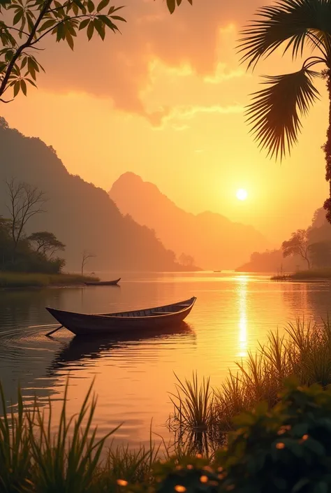 Sunset background photo of bay bay with Vietnamese country boat without people with mop grass and water coconut