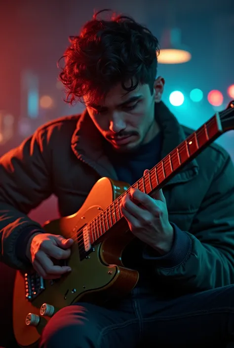 A 25 years old music student practicing guitar with a metronome or working through a practice book, cinematic scene, cinematic lighting, ultra realistic, hyper realistic, highly detailed image, Full HD image
