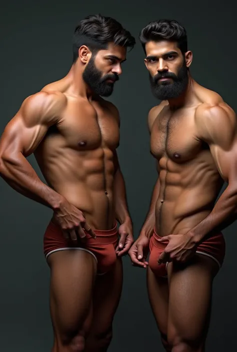 A  closeup seen of  two muscular Indian man standing with his hand up, revealing his hairy armpit,  both men wearing very sexy briefs, highly detailed and realistic facial features, photorealistic, 8K, highres, masterpiece, physically-based rendering, extr...