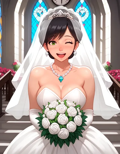 ( top quality, top quality,8k,bloom, high definition , Extremely high quality:1.2), 1 girl,Age 19,Mature Girl,in the church,church,( wedding dress ,wedding veil, diamond necklace ,Clock Eye:1.4),  heterochromia, Solo-Focused , Laugh happily like a bouquet ...