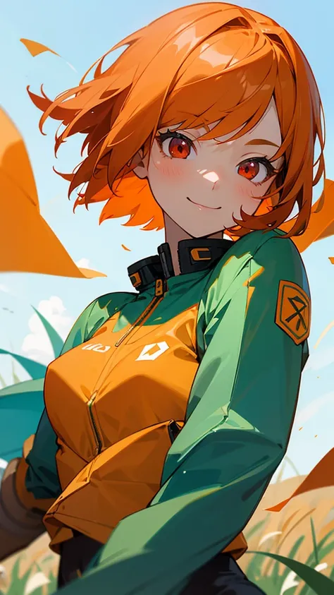  1 girl、 rider jackets、 orange hair、 bob cut、 red eyes、gloves、smile、Blooming Grassland、Blowing in the Wind、 blue sky、 upper body closeup without left arm、 sharp outline