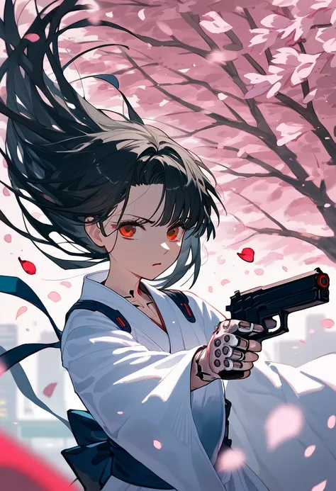 score_9, score_8_excellent,    White Kimono  ,     red eyes,   black hair,shot,girl,
Pistol in both hands,Battle Situation   ,   Cherry Blossom Petals Scattering, Cyberpunk City Background 