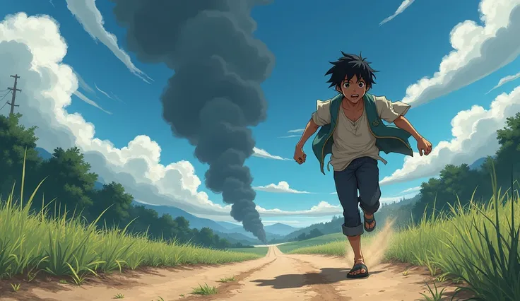 shin,  a young man with messy black hair and eyes full of fear ,  runs desperately down a dirt road .  The lines of movement emphasize his speed ,  as tears roll down his cheeks . On the horizon,  columns of dark smoke rise from his village .  The blue sky...