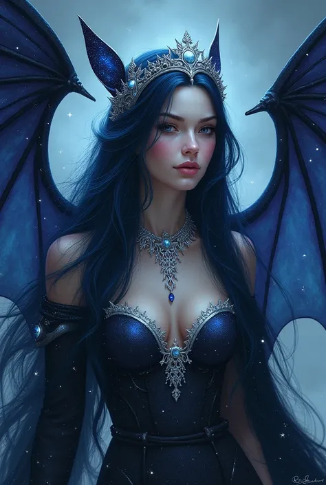 A woman with dark blue hair filled with stars and bat like wings on her back, and a silver crown on her head along with silver jewelry in her body.