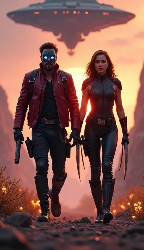 "A cinematic, realistic depiction of Star-Lord and X-23 walking side by side toward the camera in an epic scene. Star-Lord, a charming and rugged space adventurer, wears his iconic red leather jacket, mask with glowing blue eyes, and holsters for blasters....