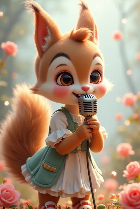 The girl has ears with a tail as a squirrel holding a mic likes to sing