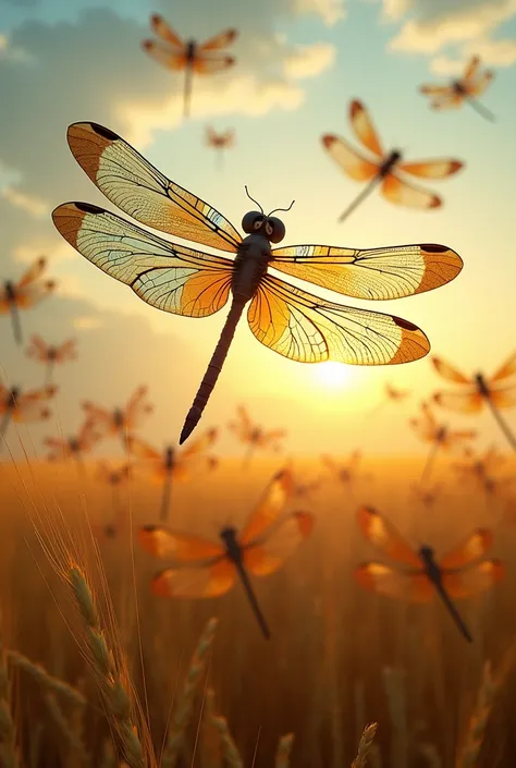 A swarm of dragonflies with wings made of stained glass, flying over a golden wheat field at sunrise.
