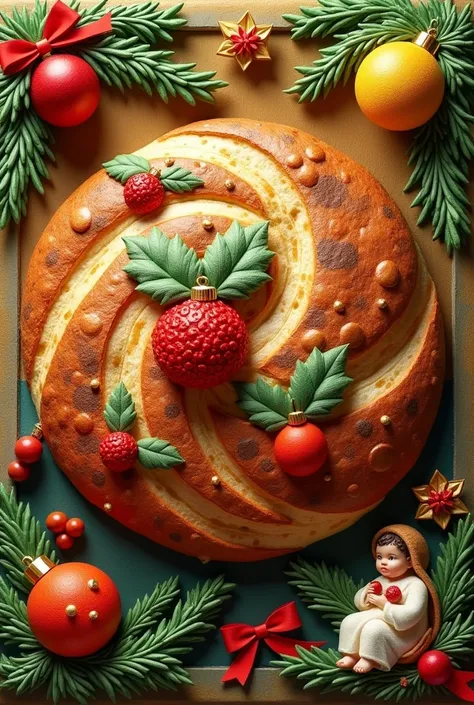 A round bread roll with red, green and yellow fruits. style made of yarn y  ,  in a 3d design, vibrant colors and a background in gold colors and Christmas elements and the baby Jesus.