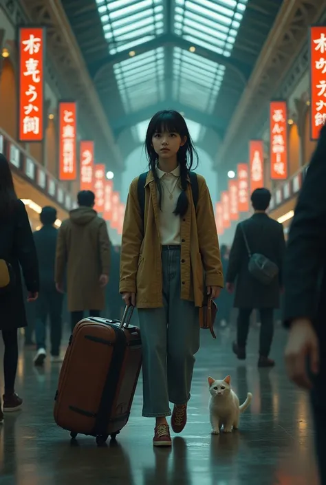 Tokyo Station　lost girl 　 kitten watching from behind　 crowds