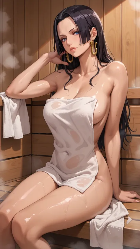 Boa Hancock，from one piece，naked, white towel around her body，warm spring,  sauna